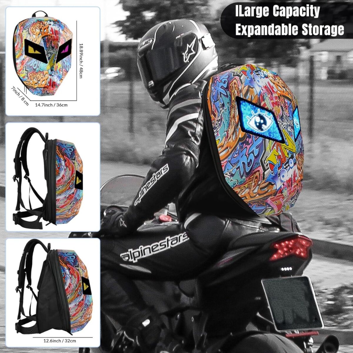 ⁦شنطة ظهر بعيون ليد للدراجات النارية قابلة للبرمجة بتصميم خوذة ثلاثيه الأبعاد⁩ - الصورة ⁦6⁩