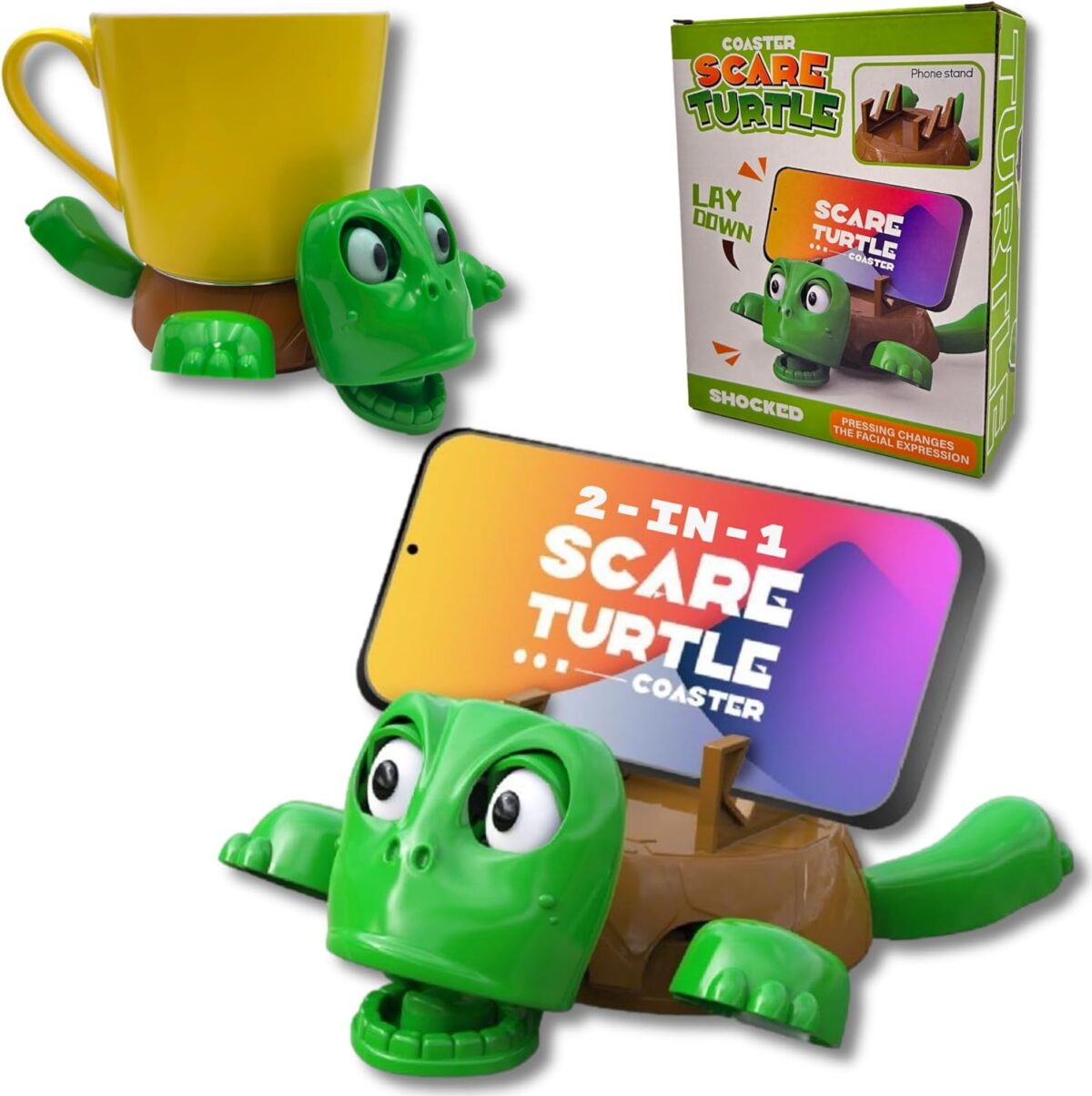 ⁦كوستر على شكل سلحفاة ثلاثية الأبعاد بتعبير مضحك عند وضع الكوب مع ستاند للموبايل⁩ - الصورة ⁦7⁩