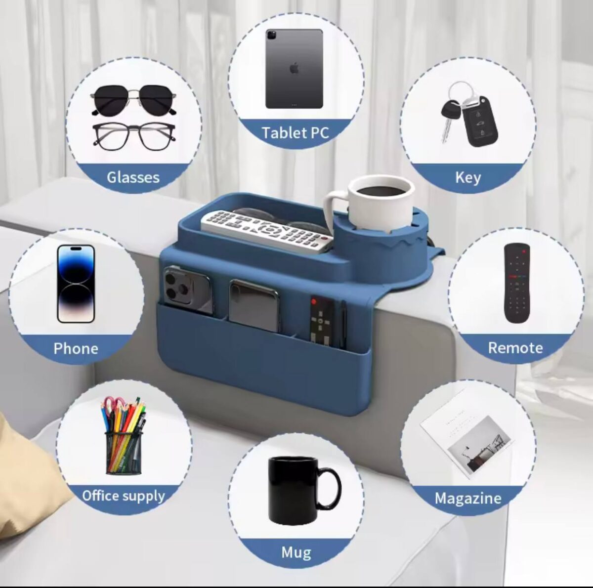 ⁦حامل اكواب سيليكون لمسند يد الكنبة مع جيوب جانبية لحمل الموبايل والريموت⁩ - الصورة ⁦4⁩