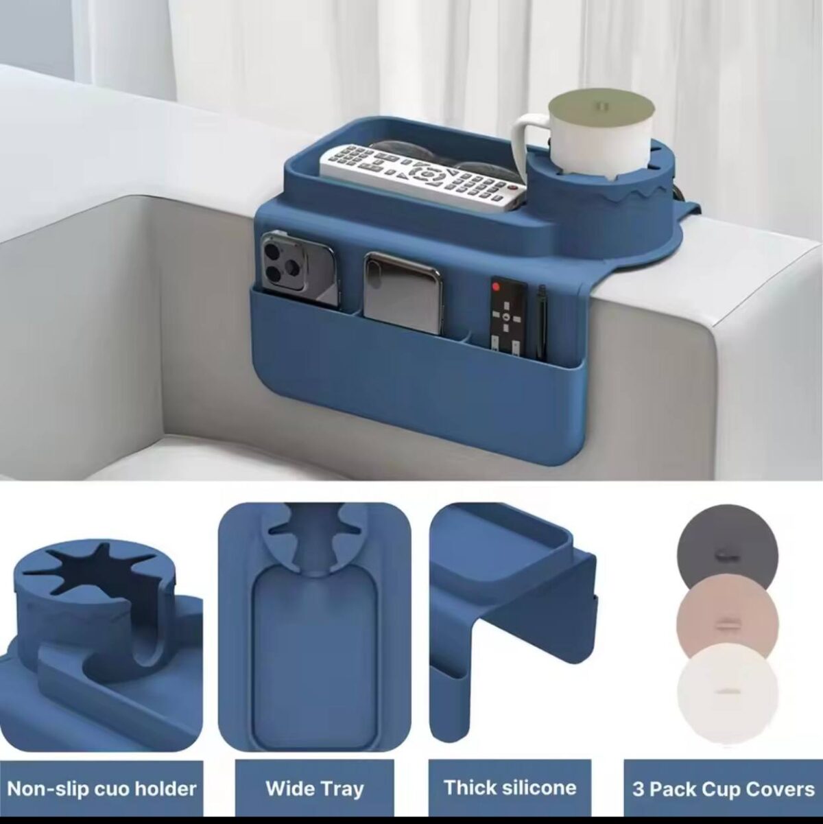 ⁦حامل اكواب سيليكون لمسند يد الكنبة مع جيوب جانبية لحمل الموبايل والريموت⁩ - الصورة ⁦5⁩