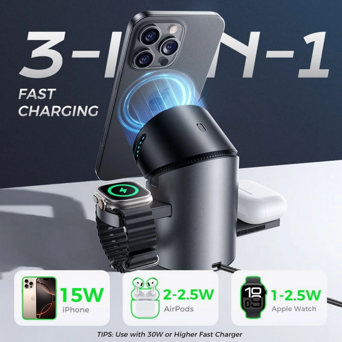 ⁦شاحن وايرليس ماجنتيك تاتش  3 * 1 للموبايل والايربودز وسمارت واتش⁩ - الصورة ⁦4⁩