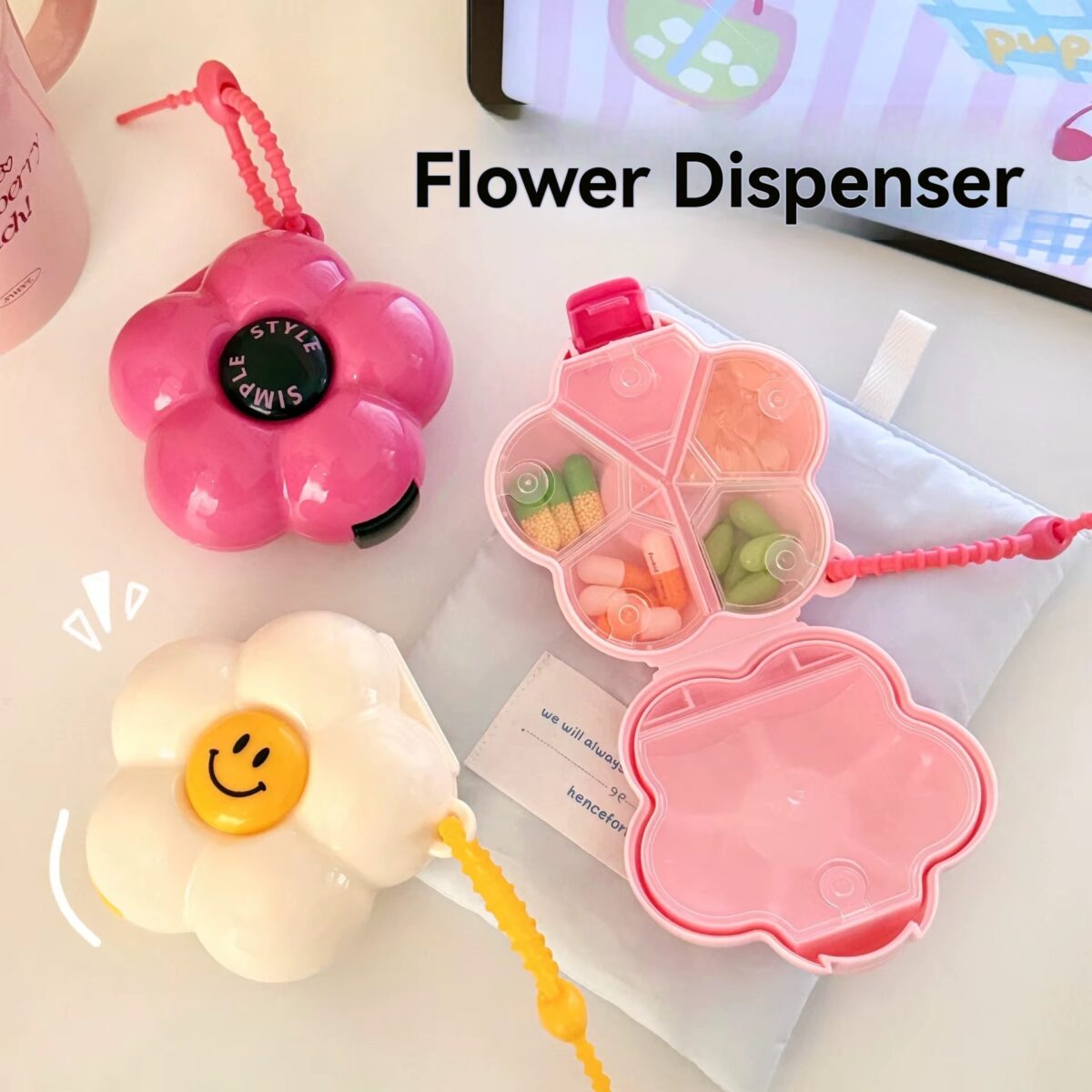 ⁦منظم لحبوب وكبسولات الدواء والفيتامينات بتصميم وردة 5 خانات للسفر والخروج⁩ - الصورة ⁦4⁩