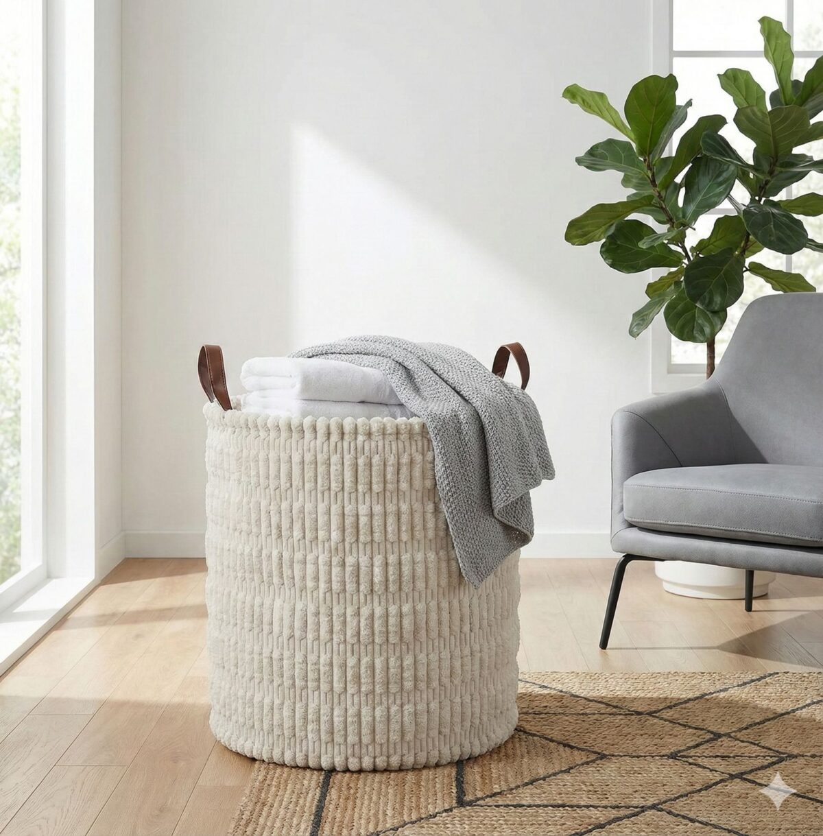 ⁦باسكت غسيل قطيفة مضلعة  قابل للطي بيد جلد _ مقاس  40 * 35 سم⁩ - الصورة ⁦5⁩