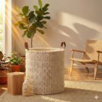 باسكت غسيل قطيفة مضلعة  قابل للطي بيد جلد _ مقاس  40 * 35 سم