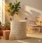 باسكت غسيل قطيفة مضلعة  قابل للطي بيد جلد _ مقاس  40 * 35 سم