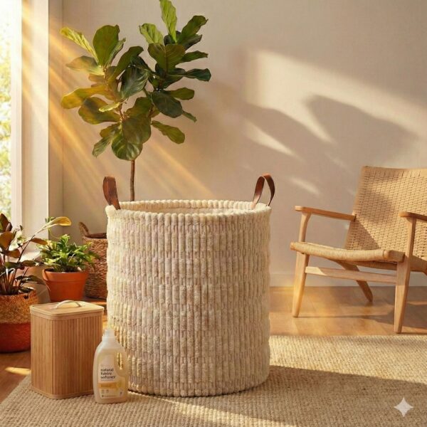 باسكت غسيل قطيفة مضلعة  قابل للطي بيد جلد _ مقاس  40 * 35 سم