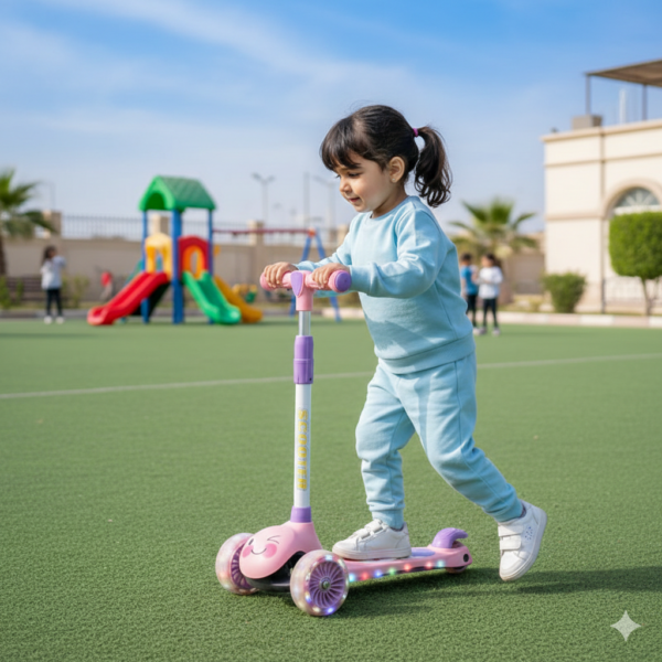سكوتر اطفالي مضئ ب 3 عجلات مزود بمقعد قابل للطي