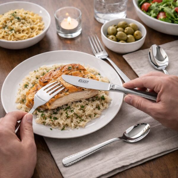 طقم معالق وشوك وسكاكين استانلس ستيل تركي 24 قطعة باللون الفضي