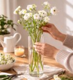 ⁦فازة زجاج شفاف بتصميم أسطواني الشكل للورد وتغير الديكور⁩ - الصورة ⁦5⁩