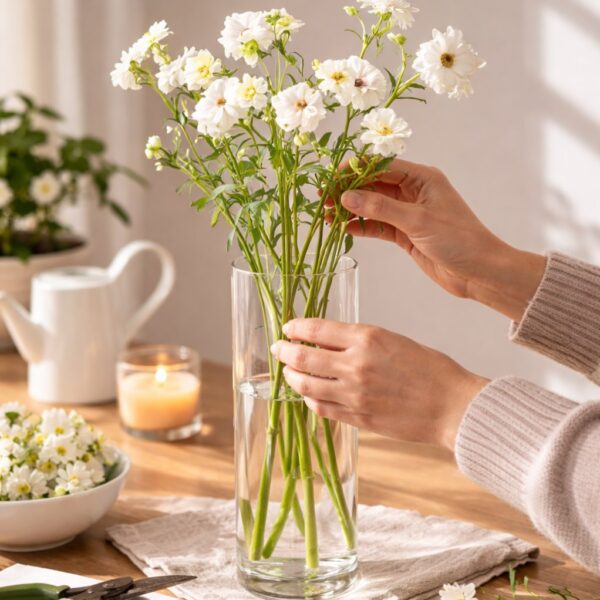 فازة زجاج شفاف بتصميم أسطواني الشكل للورد وتغير الديكور