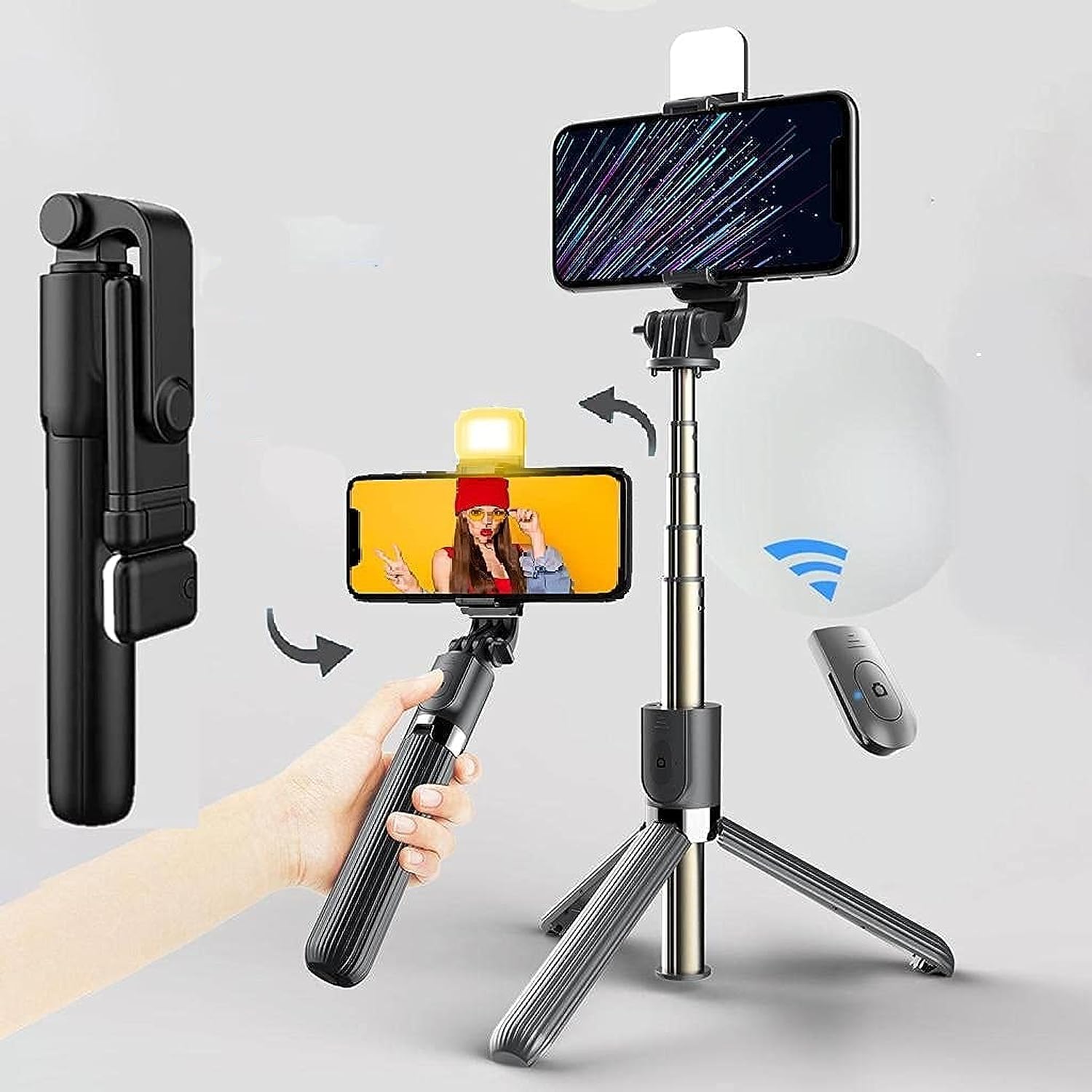 عصا سيلفي وترايبود احترافية مع إضاءة، لتصوير متكامل وأنيق.