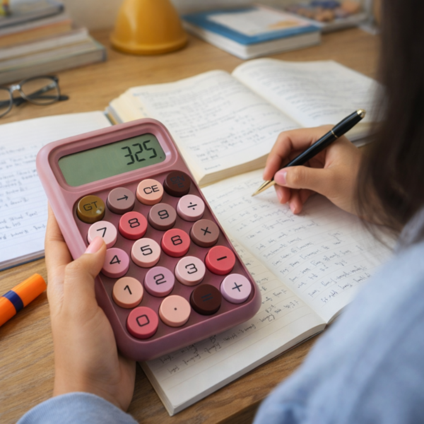 الة حاسبة بشاشة ديجيتال وازرار كبيرة للمكتب بتصميم ملون جذاب