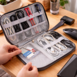 شنطة ومنظم وتربروف للاسلاك والكابلات والشواحن والباوربانك بيد لسهولة الحمل