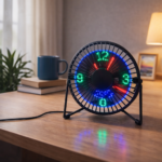 ⁦مروحة ليد مكتب بساعة رقمية تدور 360 درجة تعمل بالشحن⁩ - الصورة ⁦2⁩