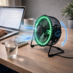 ⁦مروحة ليد مكتب بساعة رقمية تدور 360 درجة تعمل بالشحن⁩ - الصورة ⁦3⁩