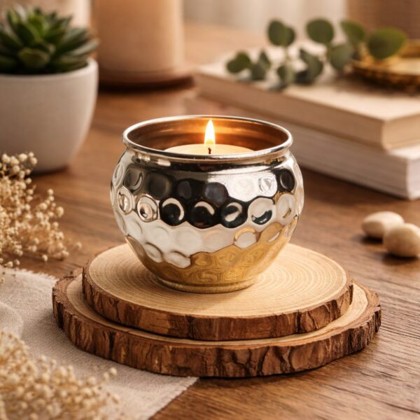 اصيص زرع وحامل شموع نحاس تصميم خليه نحل - باللون الفضي