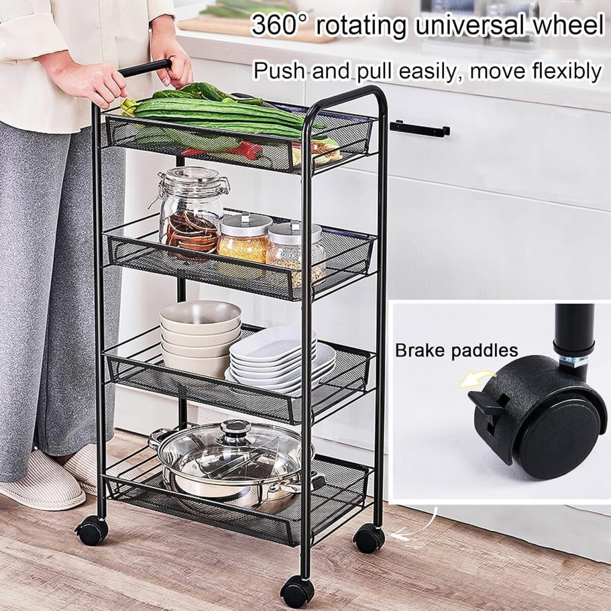 ⁦تربو تخزين ومنظم 4 أدوار بعجلات لسهولة الحركة لتنظيم أدوات المطبخ والحمام⁩ - الصورة ⁦2⁩
