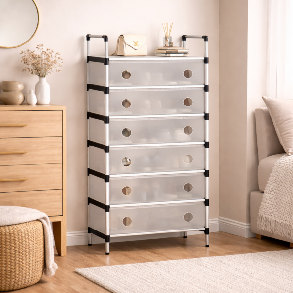 جزامة 6 أرفف بقوائم معدن مع غطاء لحماية الأحذية من الأتربة