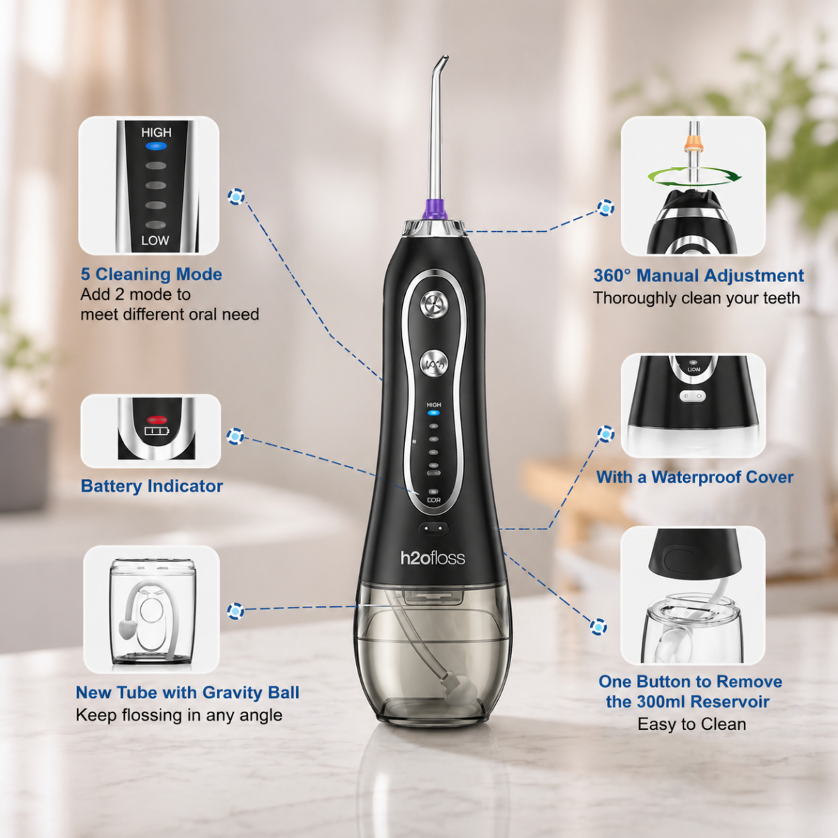 ⁦جهاز تنظيف الأسنان المائي لاسلكي ب 5 مستويات ضغط بسعة 240 ملي⁩ - الصورة ⁦2⁩