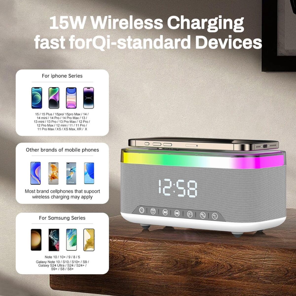 ⁦سبيكر بلوتوث  6 * 1 مع شاحن لاسلكي وساعة ومنبه وراديو بإضاءة ليد 7 ألوان مختلفة⁩ - الصورة ⁦6⁩