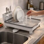 صفاية مواعين لحمل وتجفيف الأطباق والأكواب مزودة بحامل للشوك والمعالق وفتحة لتصريف المياه