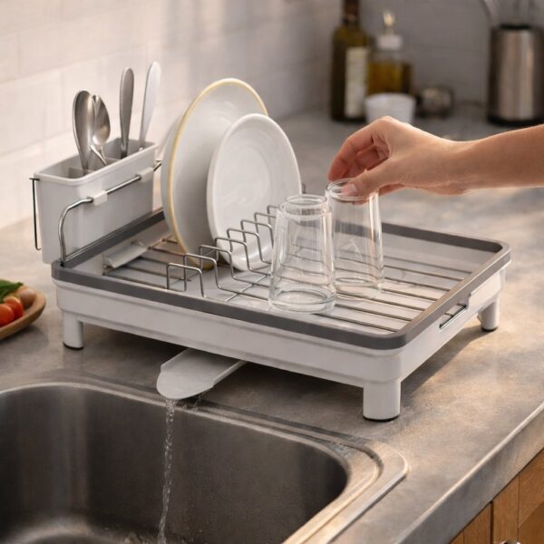 صفاية مواعين لحمل وتجفيف الأطباق والأكواب مزودة بحامل للشوك والمعالق وفتحة لتصريف المياه