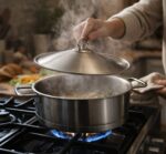 ⁦طاجن استانلس ستيل تركي دائري الشكل بغطاء ويدين لسهولة الحمل مقاس 24⁩ - الصورة ⁦2⁩