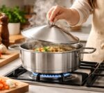 ⁦طاجن استانلس ستيل تركي دائري الشكل بغطاء ويدين لسهولة الحمل مقاس 24⁩ - الصورة ⁦3⁩