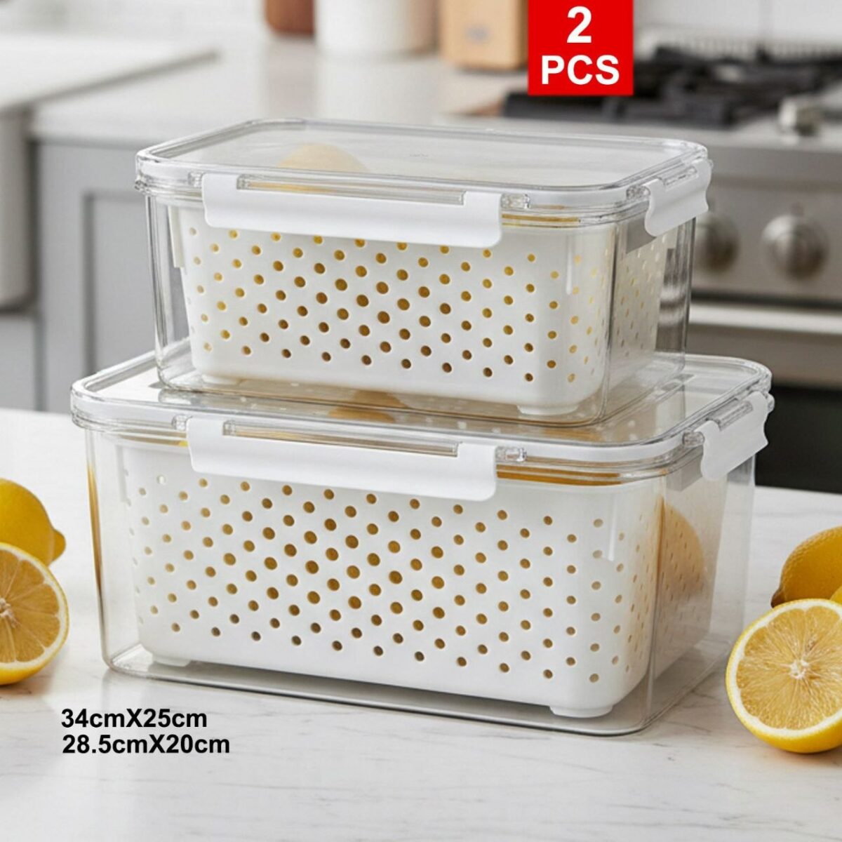 ⁦طقم علب تلاجة اكريليك بغطاء محكم الغلق بمصفاة منفصلة  وفتحات تهوية لحفظ الخضروات والفواكه قطعتين⁩ - الصورة ⁦2⁩