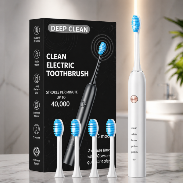 فرشاة أسنان كهربائية بتقنية الاهتزاز حتي 40000 ذبذبة 5 أوضاع مع 4 رؤوس قابلة لاعادة الشحن