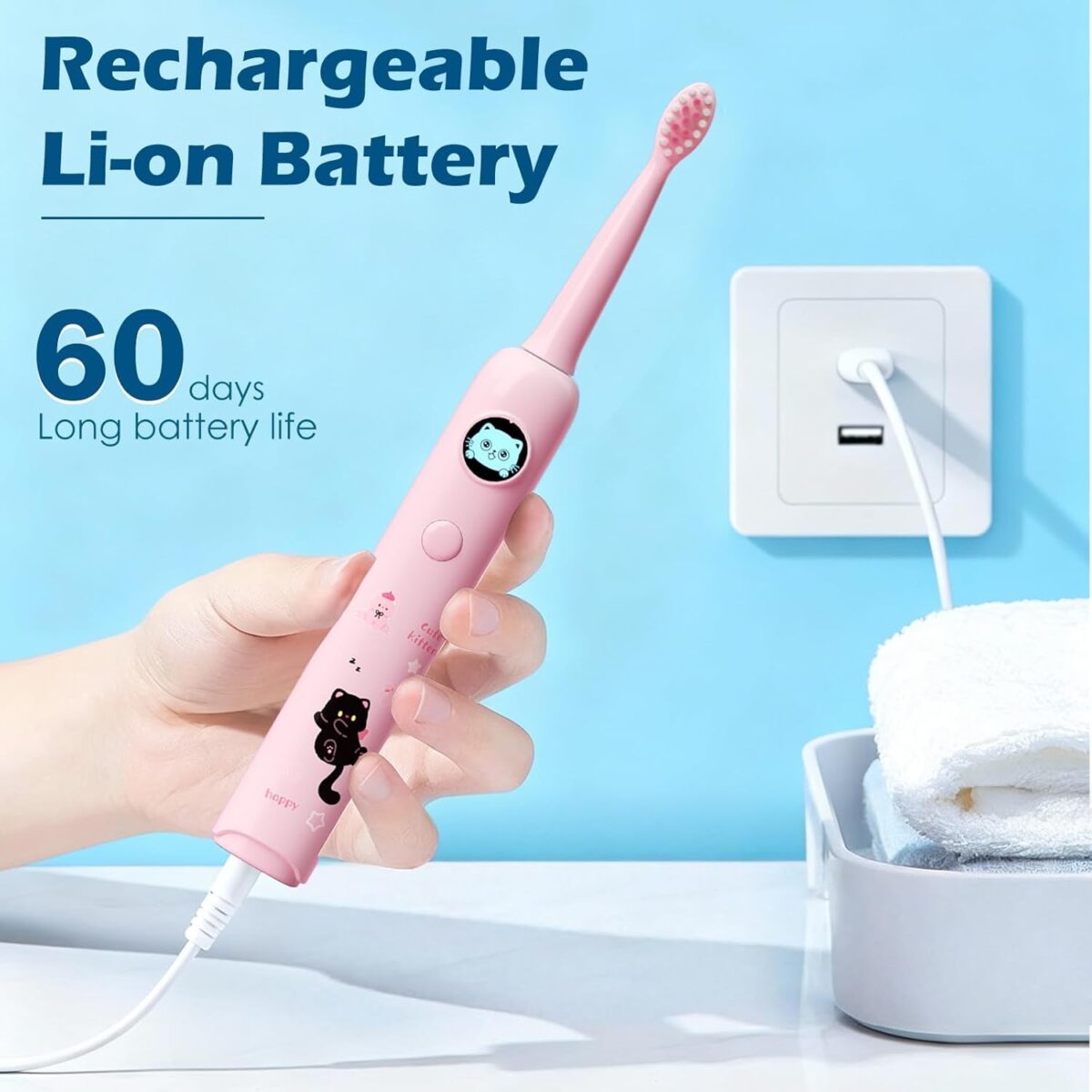 ⁦فرشة أسنان كهربائية للأطفال بتصميم كرتوني و 6 رؤوس قابلة للتبديل وخمسة أوضاع للتنظيف⁩ - الصورة ⁦5⁩