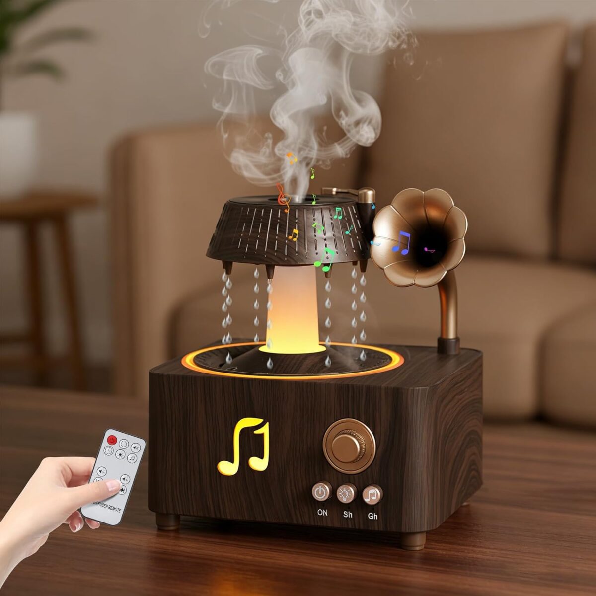 ⁦فواحة مضيئة على شكل جرامافون مع صوت ضوضاء بيضاء وسبيكر بلوتوث بخزان 250 ملي لتعطير المنزل بريموت للتحكم⁩ - الصورة ⁦6⁩