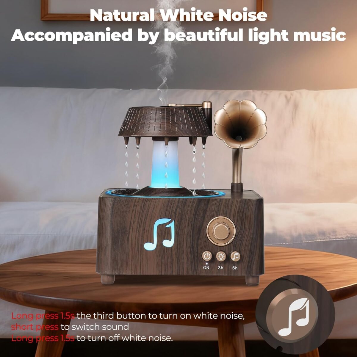 ⁦فواحة مضيئة على شكل جرامافون مع صوت ضوضاء بيضاء وسبيكر بلوتوث بخزان 250 ملي لتعطير المنزل بريموت للتحكم⁩ - الصورة ⁦8⁩