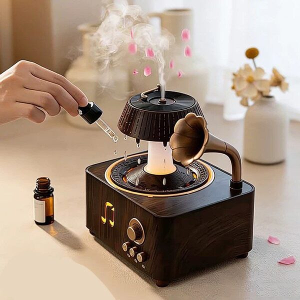 فواحة مضيئة على شكل جرامافون مع صوت ضوضاء بيضاء وسبيكر بلوتوث بخزان 250 ملي لتعطير المنزل بريموت للتحكم