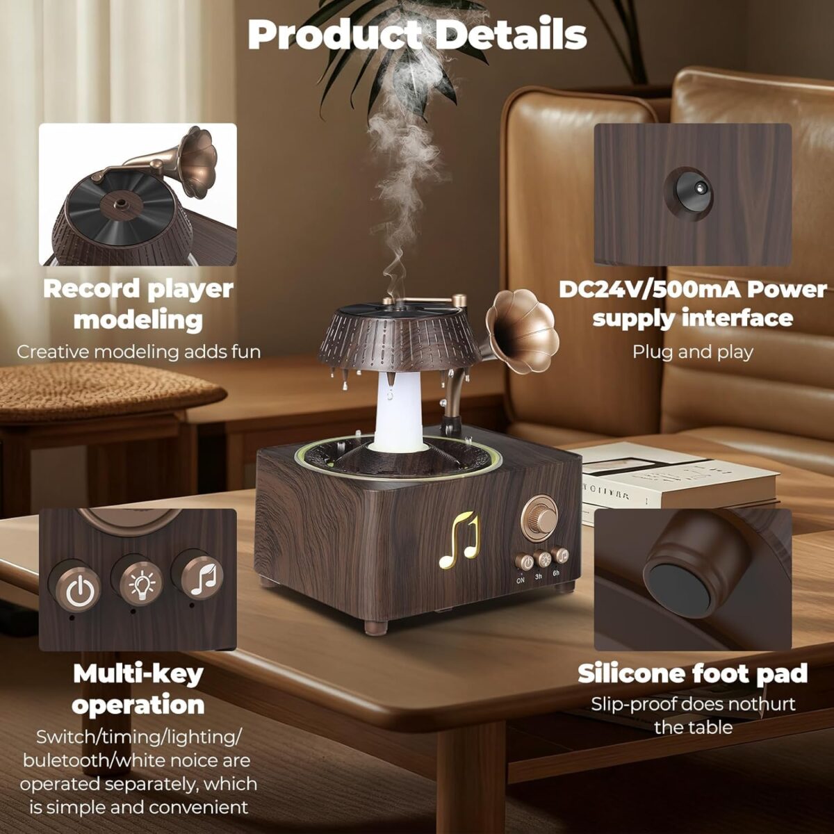 ⁦فواحة مضيئة على شكل جرامافون مع صوت ضوضاء بيضاء وسبيكر بلوتوث بخزان 250 ملي لتعطير المنزل بريموت للتحكم⁩ - الصورة ⁦10⁩