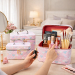 مجموعة شنط جلد 3 قطع بماقسات مختلفة لتنظيم وحمل الميك اب مزينة بقلوب