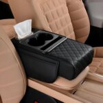 مسند سيارة جلد مبطن مع حامل أكواب مزدوج مع جزء مخصص للمناديل ومنظم جانبي