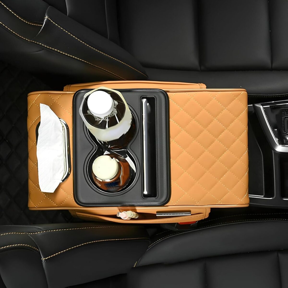 ⁦مسند سيارة جلد مبطن مع حامل أكواب مزدوج مع جزء مخصص للمناديل ومنظم جانبي⁩ - الصورة ⁦3⁩