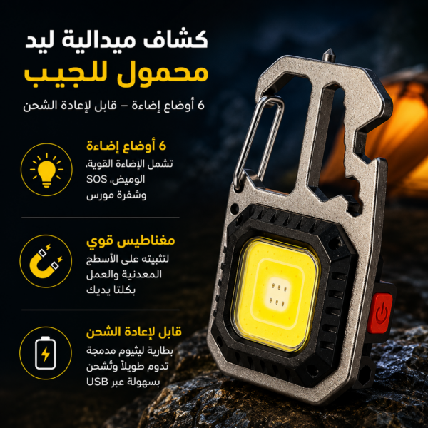 كشاف ميدالية ليد محمول للجيب ب 6 أوضاع إضاءة قابل لإعادة الشحن