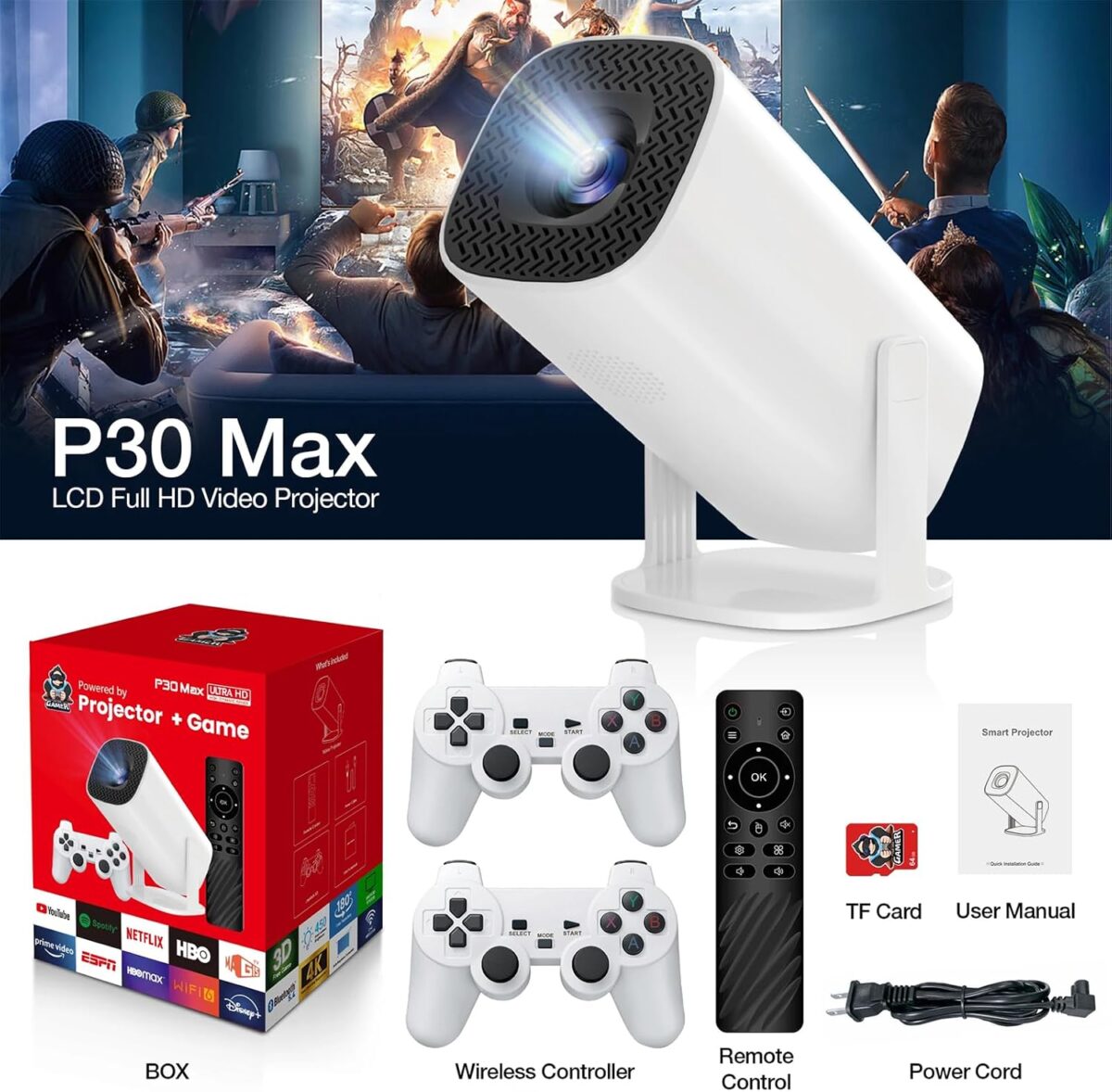 ⁦بروجكتور سمارت P30 Max للأفلام والألعاب مع 2 ذراع تحكم ودعم 4K وWiFi ودوران 180 درجة⁩ - الصورة ⁦2⁩