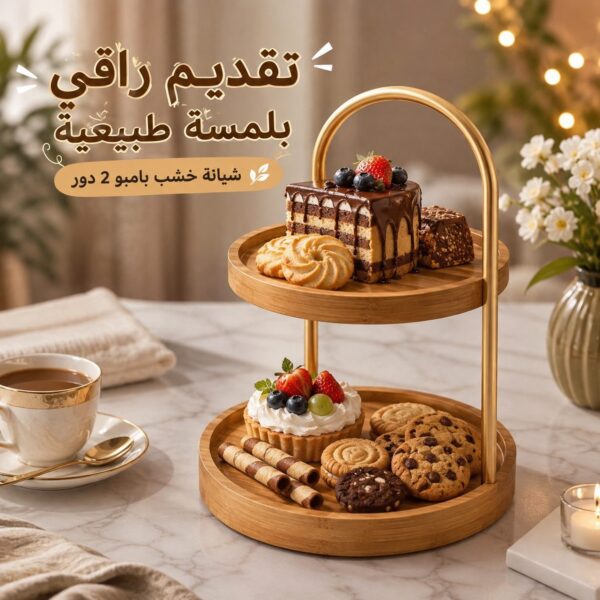 شيالة حلويات وتقديم خشب بامبو دائرية 2 دور