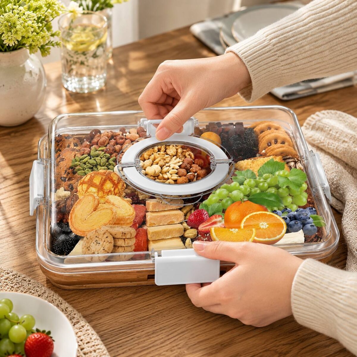 ⁦طبق تقديم خشب بامبو مقسم 6 خانات بغطاء أكريليك محكم للتسالي والمكسرات⁩ - الصورة ⁦9⁩