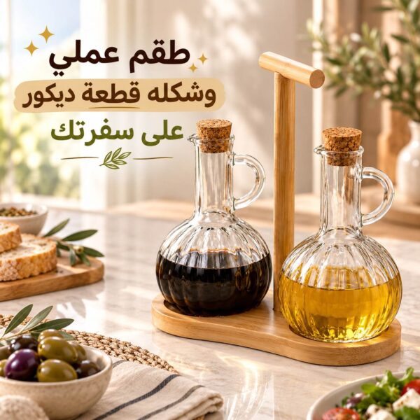 طقم زجاجات زيت وخل زجاج مع حامل خشبي للتقديم