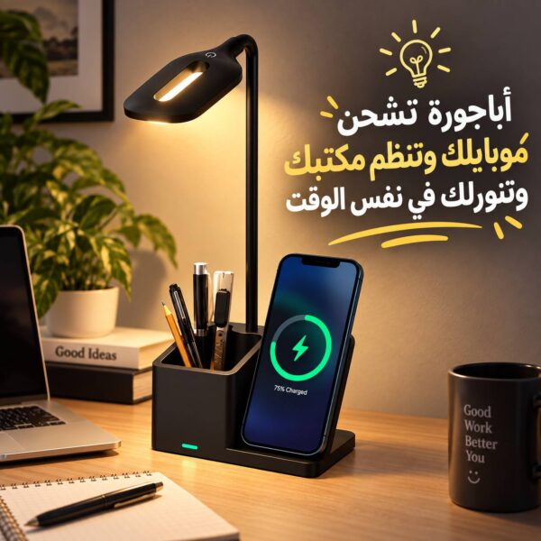 أباجورة مكتب LED 4 في 1 بشاحن لاسلكي وحامل موبايل وأقلام مع 3 درجات إضاءة