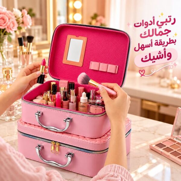 طقم  شنط لتنظيم وحمل ادوات الميك اب ب 3 احجام مختلفة من الجلد - بينك