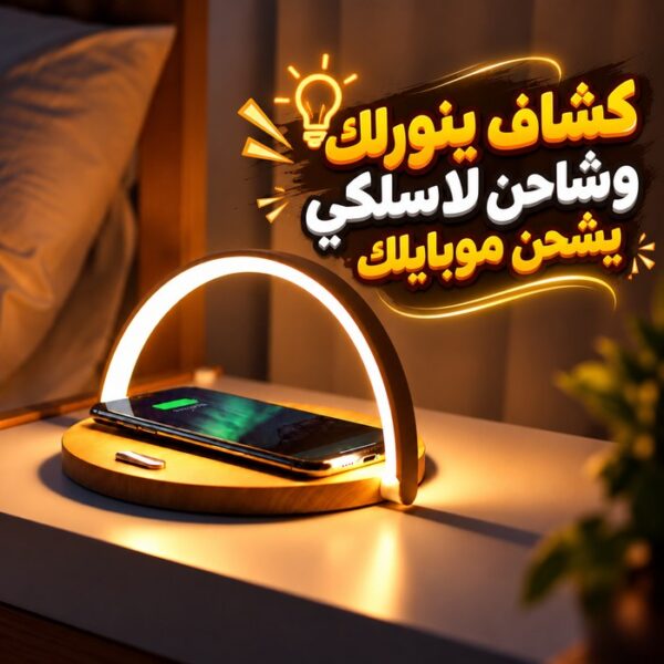 كشاف مكتب تاتش 3 في 1 مع شاحن لاسلكي وحامل موبايل قابل للتعديل